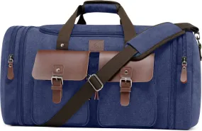 Canvas Duffle Bag for Men 60L Travel Duffel Bags Expandable Genuine Leather Duffel Overnight Weekender Carry On Bag Two Zipper Pockets Travel Bag(Blue, X Large-60L)