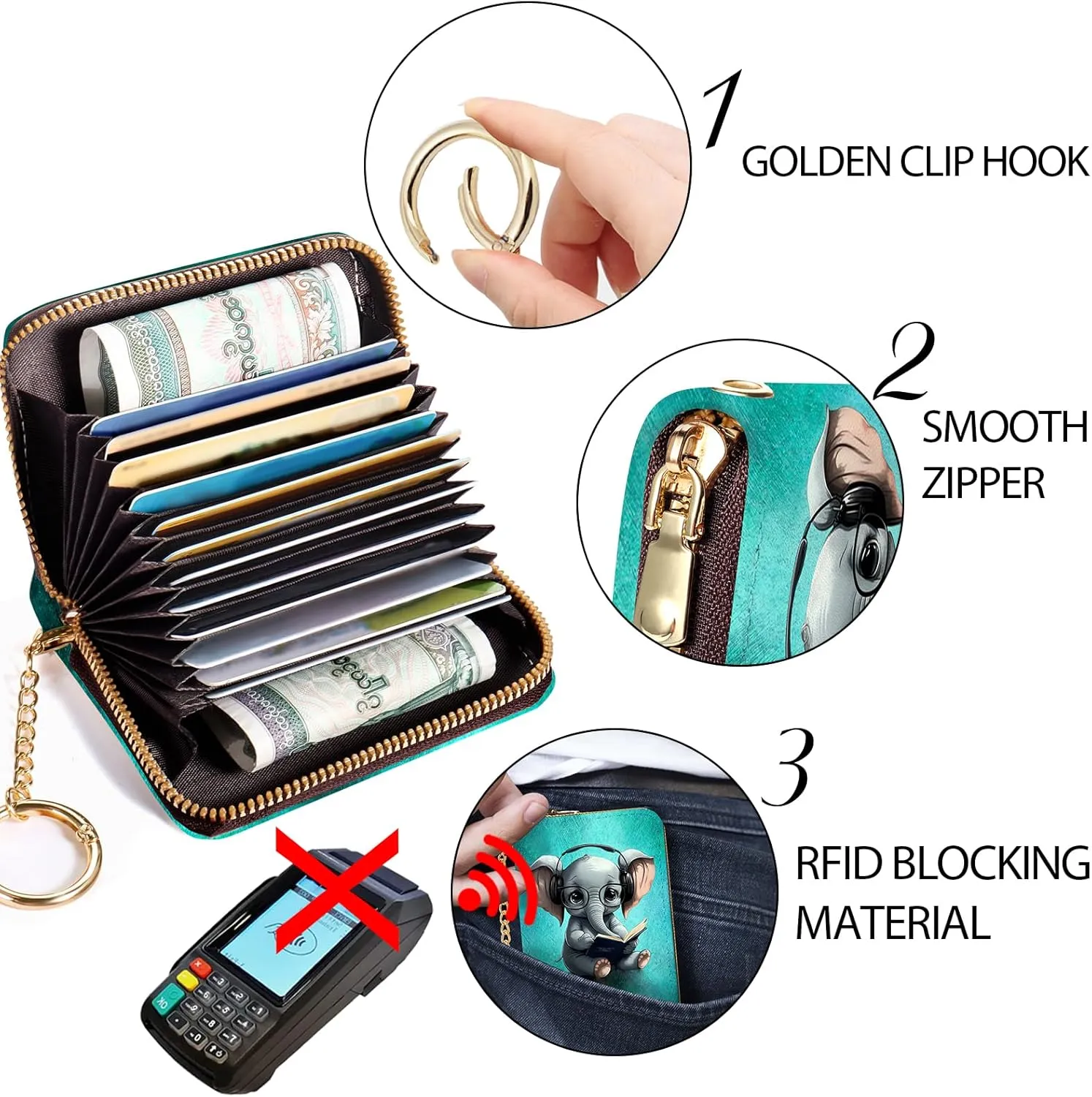Credit Card Holder RFID Wallet, Small Card Holder Wallet for Women with Keychain Zipper, Funny Leather Print Credit Card Wallets Accordion Gift