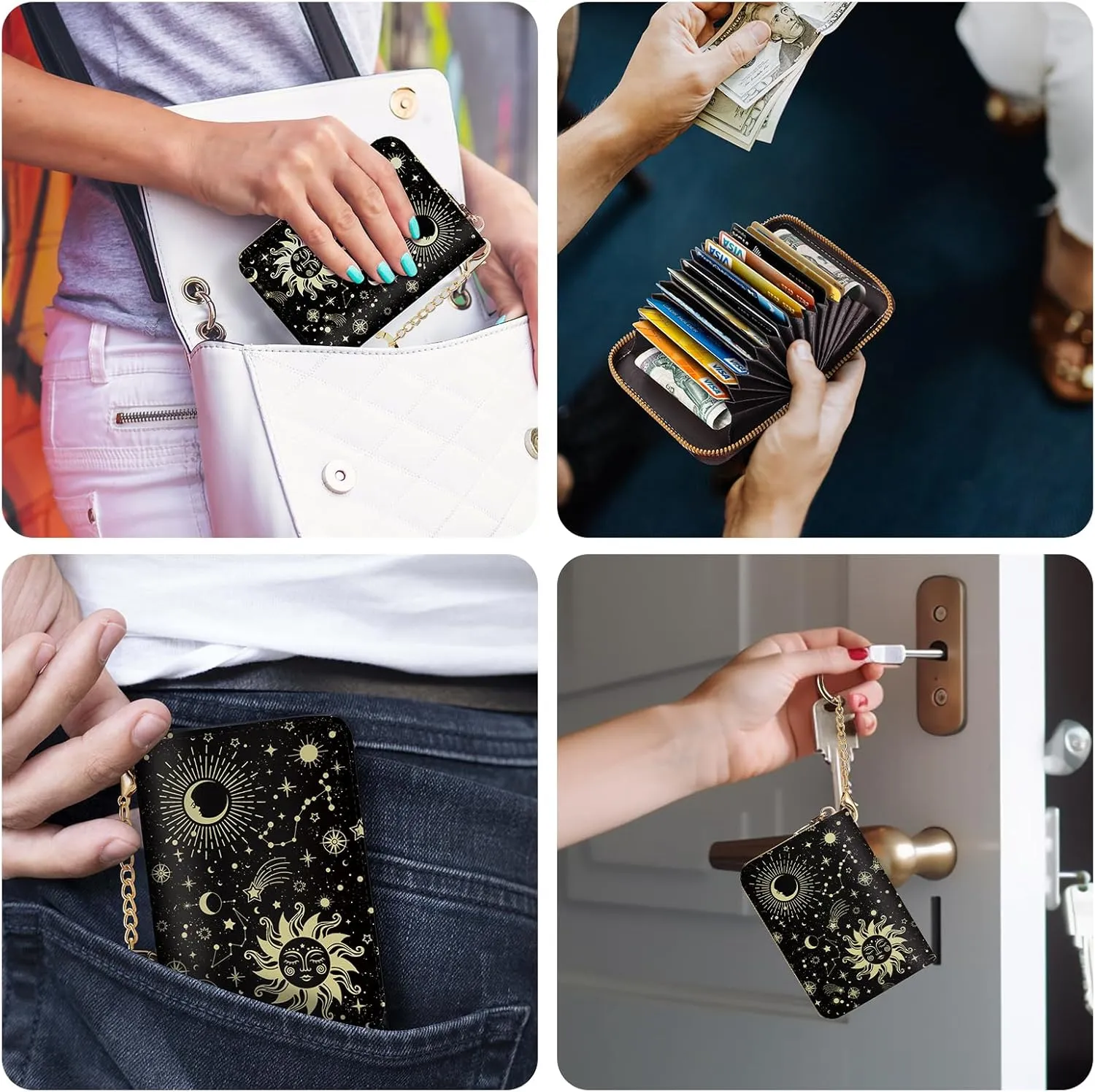 Credit Card Holder RFID Wallet, Small Card Holder Wallet for Women with Keychain Zipper, Funny Leather Print Credit Card Wallets Accordion Gift