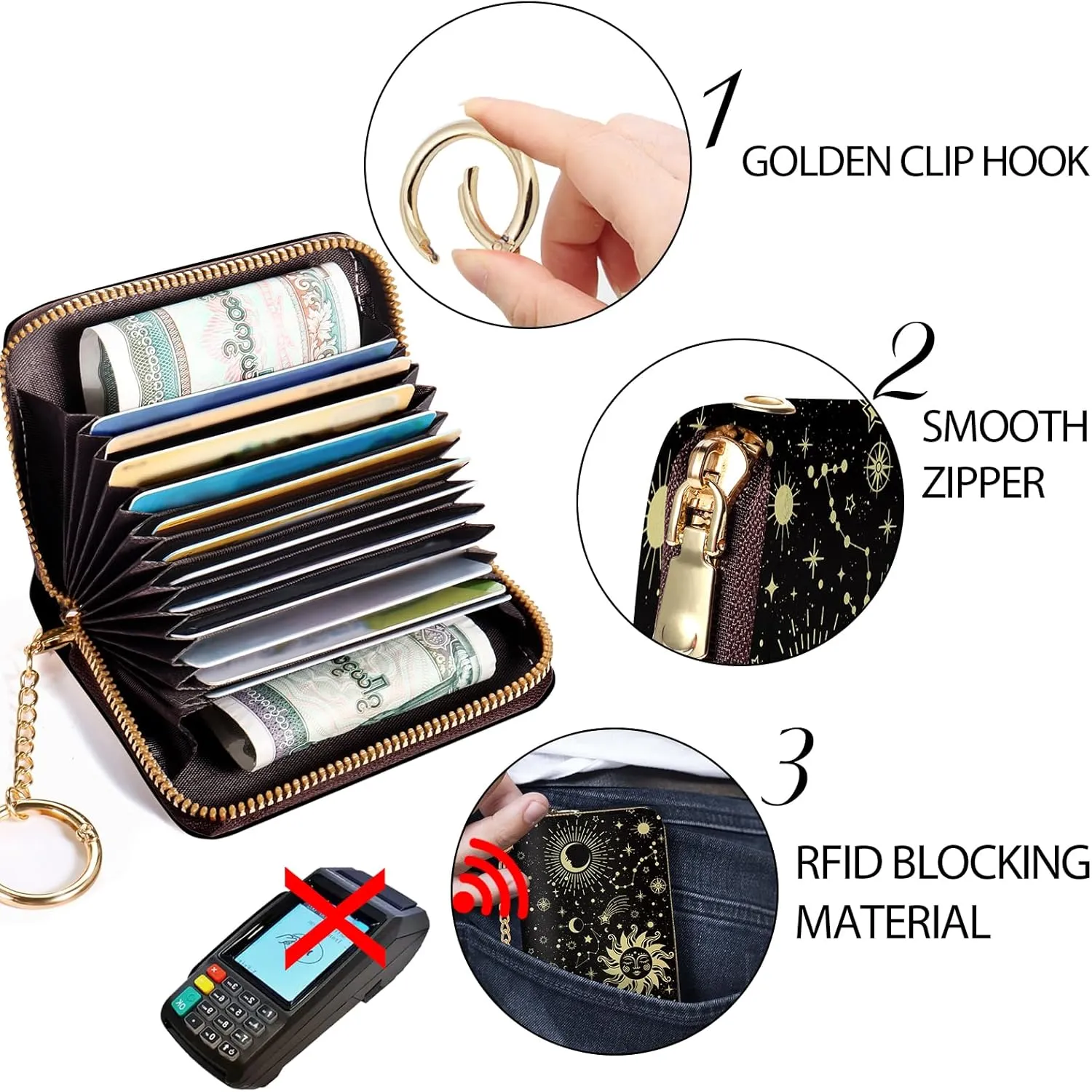 Credit Card Holder RFID Wallet, Small Card Holder Wallet for Women with Keychain Zipper, Funny Leather Print Credit Card Wallets Accordion Gift