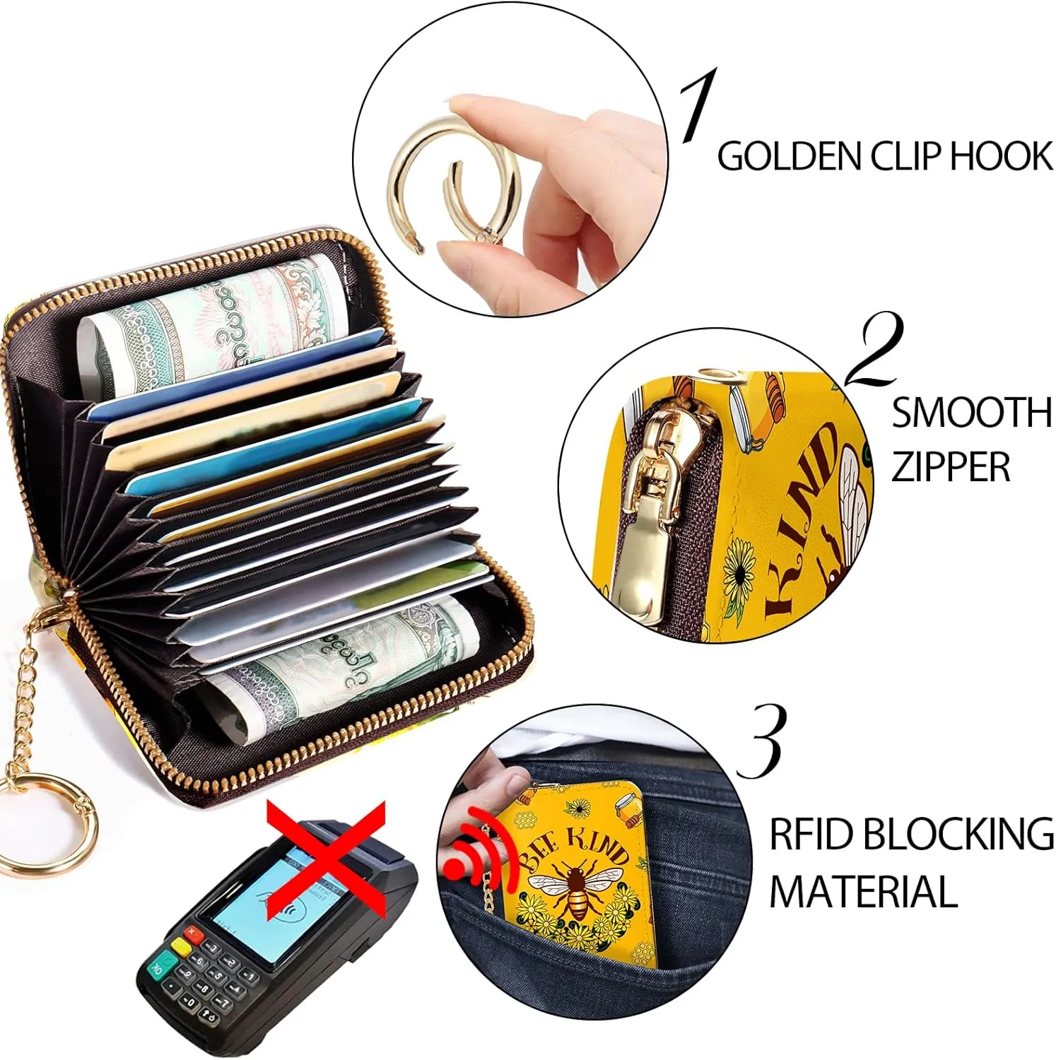 Credit Card Holder RFID Wallet, Small Card Holder Wallet for Women with Keychain Zipper, Funny Leather Print Credit Card Wallets Accordion Gift