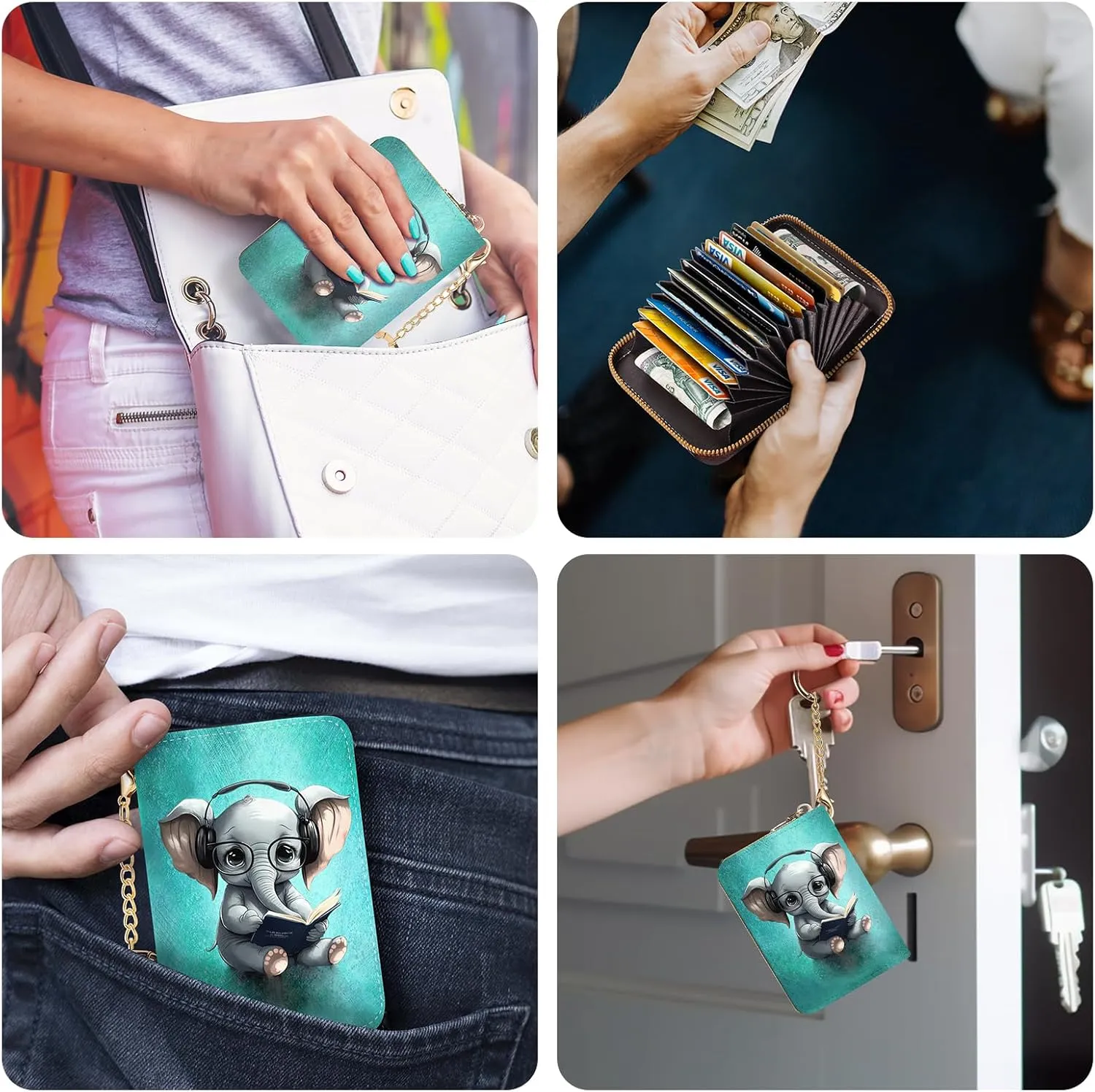 Credit Card Holder RFID Wallet, Small Card Holder Wallet for Women with Keychain Zipper, Funny Leather Print Credit Card Wallets Accordion Gift