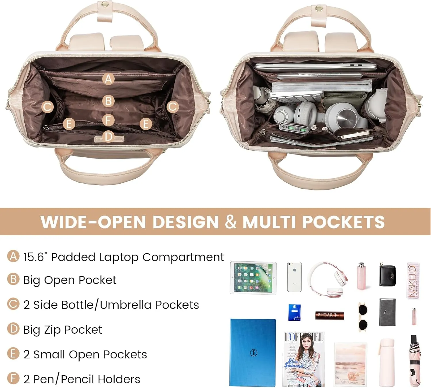 LOVEVOOK Leather Backpack for Women, 15.6 inch Laptop Backpack, Professional Work & Travel Bag, Beige-Flesh Beige