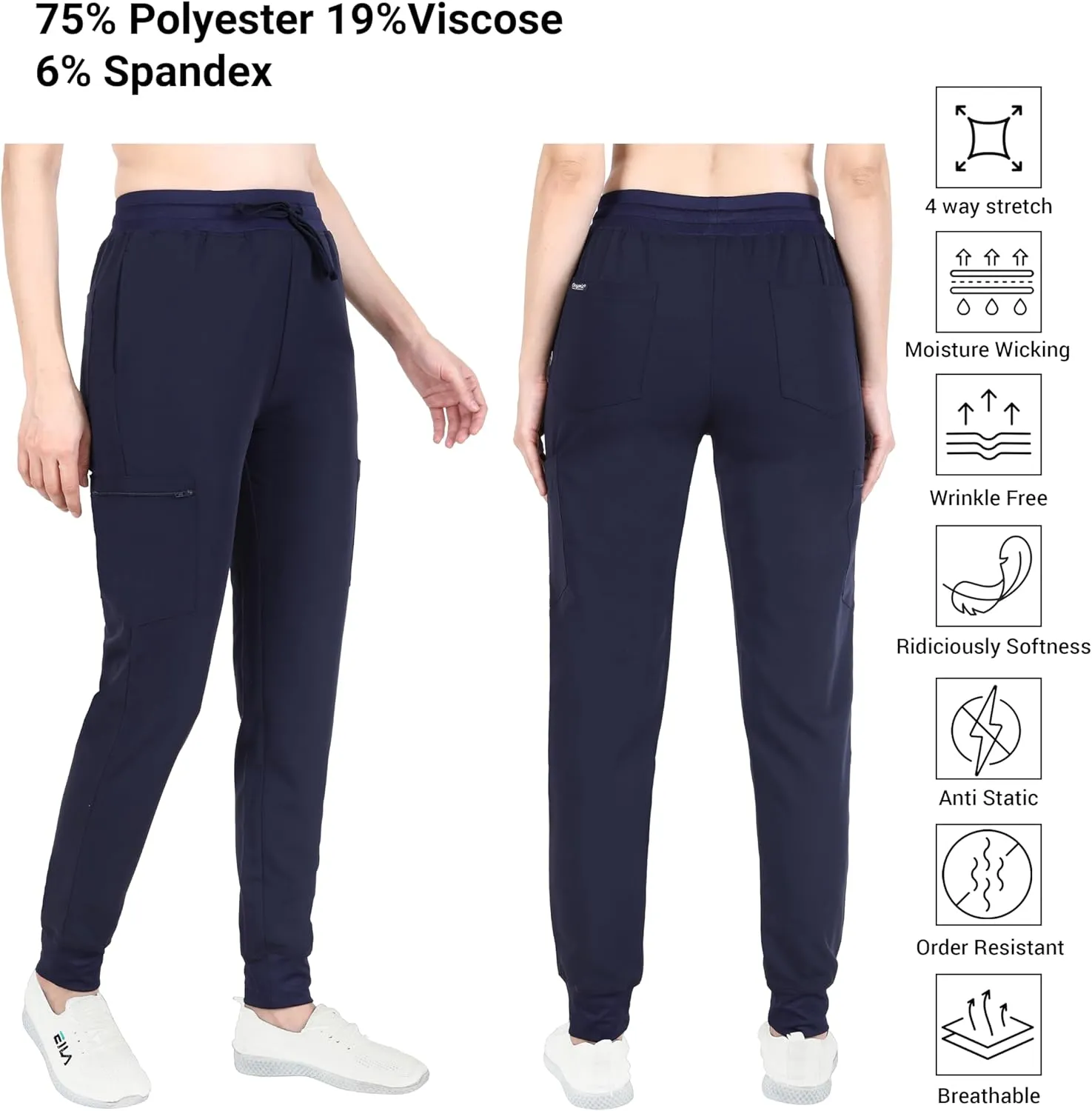 Organix Medical Uniform Jogger Scrub Pants for Women, 4-Way Stretch, Drawstring Joggers, Workwear Professional Scrub Pants