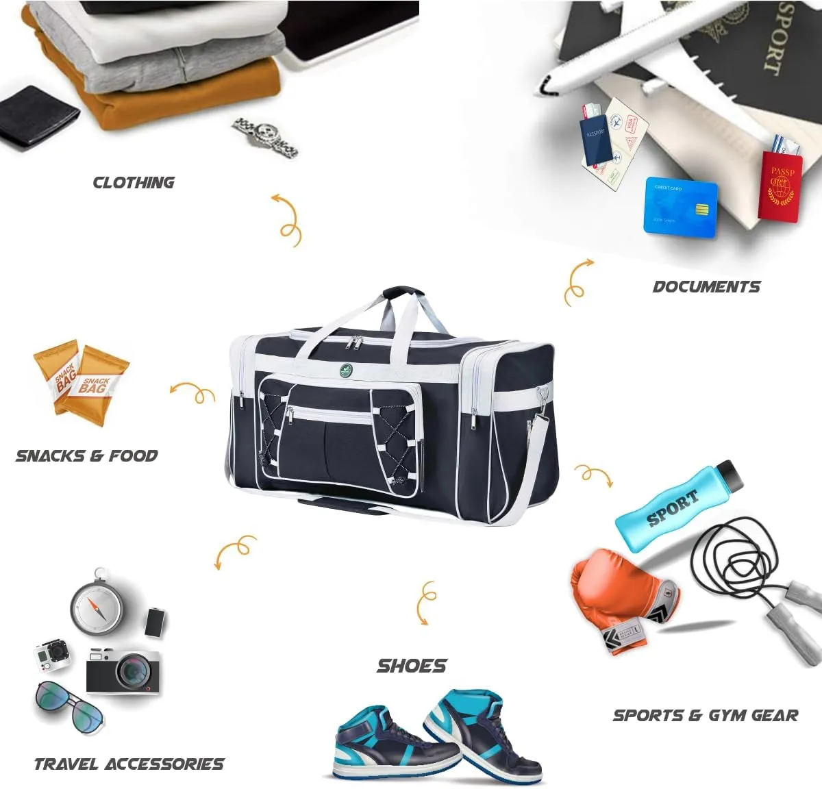 Travel Duffle Bags for Men Weekender Over Night Carry On Bag Lightweight Extra Large Oxford Duffel Gym Sturdy Luggage Water-proof for Men & Women 26" (Blue Gold), Black White, X-Large