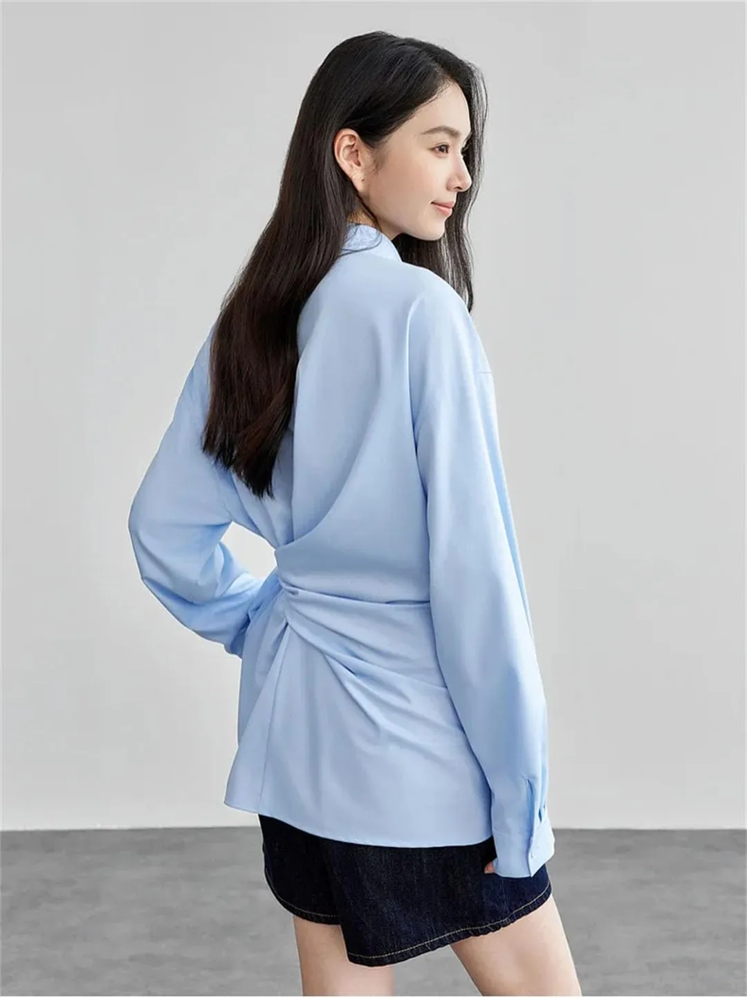 Women Lace-Up Shirt Office Lady Solid Casual Blouse Single Breasted Professional Attire Top