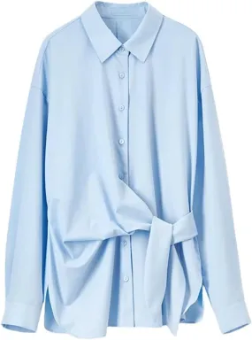 Women Lace-Up Shirt Office Lady Solid Casual Blouse Single Breasted Professional Attire Top