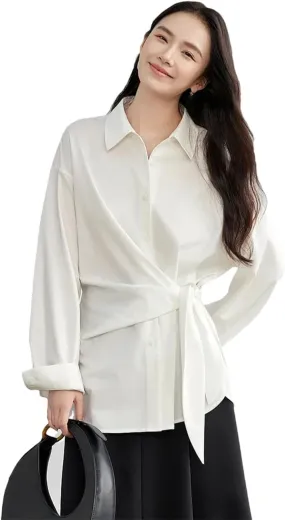 Women Lace-Up Shirt Office Lady Solid Casual Blouse Single Breasted Professional Attire Top